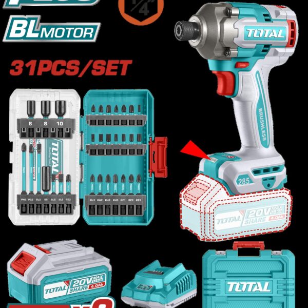 ATORNILLADOR DE IMPACTO INALAMBRICO 1/4 20V 285NM + JUEGO DE PUNTAS X 31 PZS INCLUYE 2 BATERIAS 4.0AH Y CARGADOR  INDUSTRIAL SUPER TOTAL (UTOSLI240966)