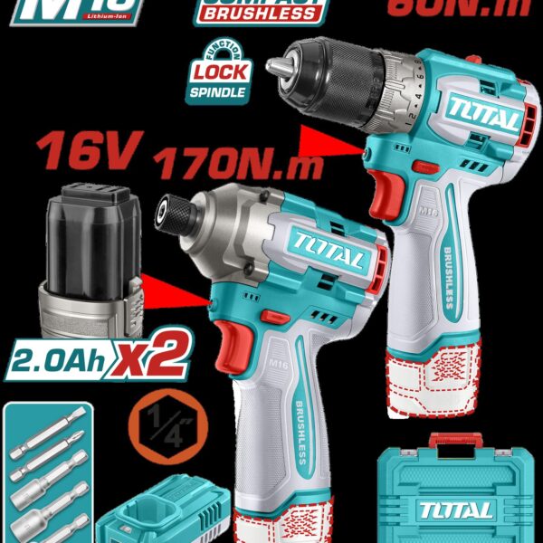 COMBO INALAMBRICO  16V TALADRO 1/2" 60NM + ATORNILLADOR DE IMPACTO 170NM INCLUYE 2 BATERIAS, 1 CARGADOR  COPA TORNILLO INDUSTRIAL SUPER TOTAL (UTOSLI240968)