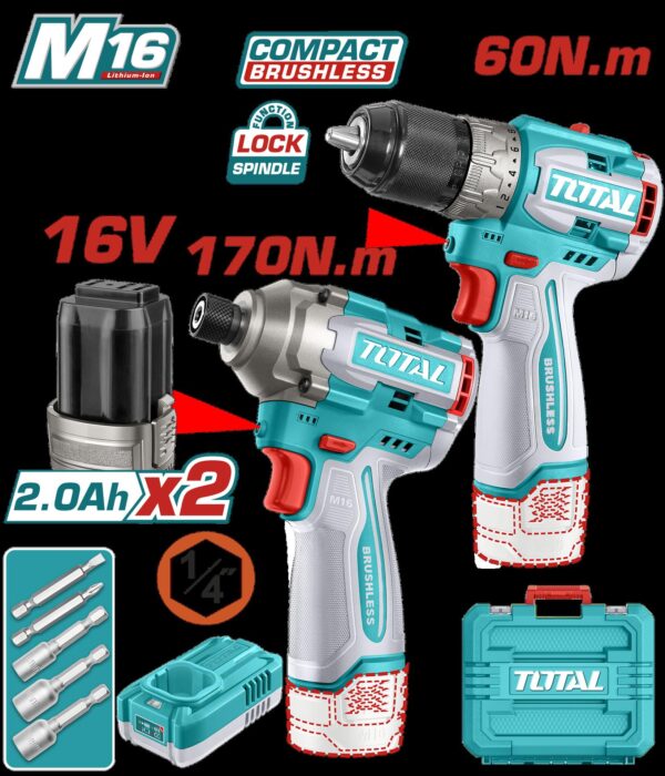 COMBO INALAMBRICO  16V TALADRO 1/2" 60NM + ATORNILLADOR DE IMPACTO 170NM INCLUYE 2 BATERIAS, 1 CARGADOR  COPA TORNILLO INDUSTRIAL SUPER TOTAL (UTOSLI240968)