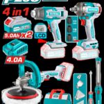 COMBO INALAMBRICO 20V POLICHADORA  7" + PISTOLA IMPACTO 1/2 400 NM + PISTOLA CALOR + LAMPARA DE TRABAJO  300 LUMENES INCLUYE 2 BATERIAS 5.0AH, 1 CARGADOR  Y  ACCESORIOS INDUSTRIAL SUPER TOTAL (UTOSLI241182)