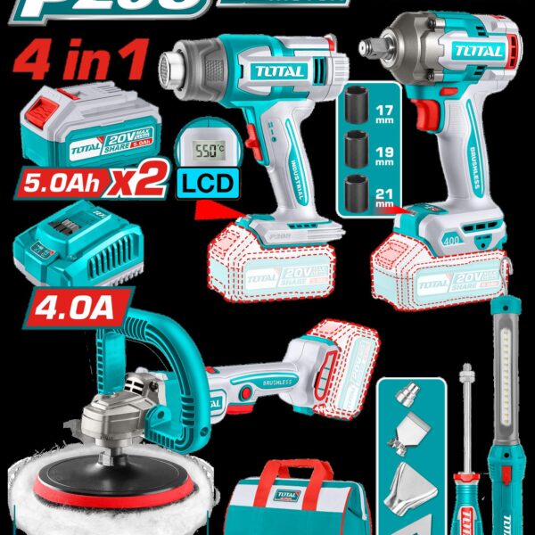 COMBO INALAMBRICO 20V POLICHADORA  7" + PISTOLA IMPACTO 1/2 400 NM + PISTOLA CALOR + LAMPARA DE TRABAJO  300 LUMENES INCLUYE 2 BATERIAS 5.0AH, 1 CARGADOR  Y  ACCESORIOS INDUSTRIAL SUPER TOTAL (UTOSLI241182)