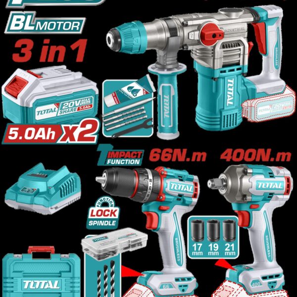COMBO INALAMBRICO  20V  TALADRO  ATORNILLADOR 1/2" 66 NM  + PISTOLA DE IMPACTO 1/2" 400 NM + TALADRO ROTOMARTILLO SDS PLUS  4.5 JULES  INCLUYE 2 BATERIA 5.0AH , 1 CARGADOR Y ACCESORIOS  INDUSTRIAL  SUPER TOTAL (UTCKLI20638)