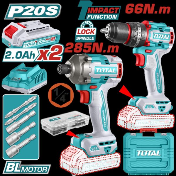 COMBO INALAMBRICO TALADRO 1/2" 66 N.M + ATORNILLADOR DE IMPACTO 1/4" 20V 285 N.M INCLUYE 2 BATERIA 2.0AH , 1 CARGADOR Y ACCESORIOS INDUSTRIAL SUPER TOTAL (UTCKLI20277)