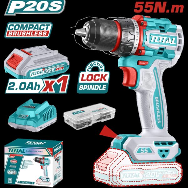 TALADRO ATORNILLADOR INALAMBRICO 1/2 20V 55 NM INCLUYE 1 BATERIA DE 2.0AH, CARGADOR,47 ACCESORIOS TOTAL (UTDLI205582)