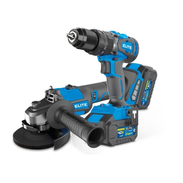 COMBO ELITE PULIDORA INALAMBRICA 4 1/2” - 5” + TALADRO PERCUTOR INALAMBRICO SIN ESCOBILLAS DE 1/2” INCLUYE 1 BATERIAS 2.0 AH - 40V + 1 BATERIA 4.0 AH - 40V +1 CARGADOR (KIT1SB40)