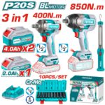 COMBO INALAMBRICO 20V PISTOLA IMPACTO INALAMBRICO 1/2 850NM + PISTOLA IMPACTO INALAMBRICA 1/2 400 NM + LAMPARA DE TRABAJO 300 LUMENES RECARGABLE + 10 COPAS 1/2 (10-24MM) + 1 BATERIA 4.0 AH + 1 BATERIA 2.0 AH Y CARGADOR INDUSTRIAL SUPER TOTAL (UTOSLI241195)