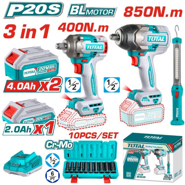 COMBO INALAMBRICO 20V PISTOLA IMPACTO INALAMBRICO 1/2 850 NM + PISTOLA IMPACTO INALAMBRICA 1/2 400 NM + LAMPARA DE TRABAJO 300 LUMENES RECARGABLE + 10 COPAS 1/2 (10-24MM) + 1 BATERIA 4.0 AH + 1 BATERIA 2.0 AH Y CARGADOR INDUSTRIAL SUPER TOTAL (UTOSLI241195)