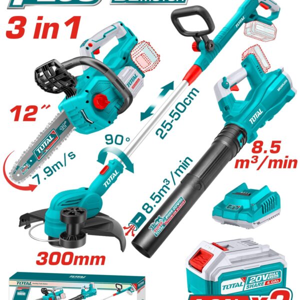 COMBO INALAMBRICO 20V MOTOSIERRA INALAMBRICA 12" + GUADAÑADORA + SOPLADORA + 2 BATERIAS 4.0 AH Y CARGADOR INDUSTRIAL SUPER TOTAL (UTOSLI241189)
