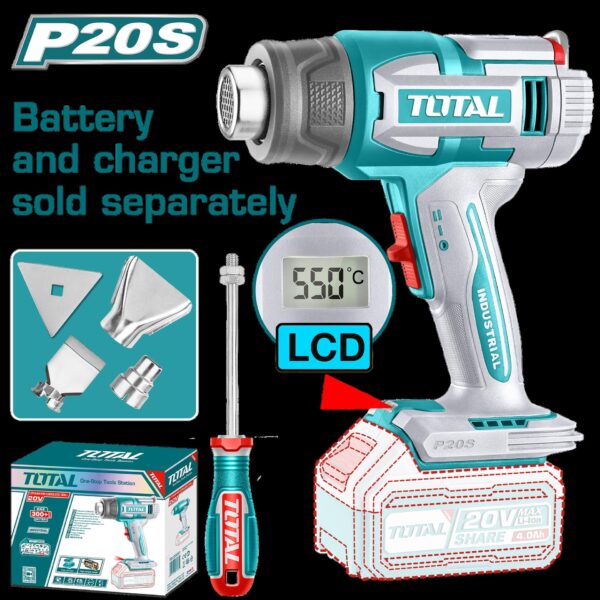 PISTOLA CALOR INALAMBRICA  20V CON TEMPERATURA AJUSTABLE PANTALLA LCD INCLUYE 4 BOQUILLAS 1 RASCADOR, BATERIA  Y CARGADOR  NO INCLUIDO INDUSTRIAL SUPER TOTAL (TBLI2003)