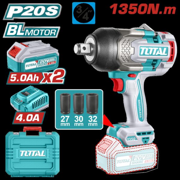 PISTOLA IMPACTO INALAMBRICA 3/4 20V 1350 NM INCLUYE 2 (5.0 AH) BATERIAS 1 CARGADOR Y 3 COPAS 27,30,32 MM INDUSTRIAL SUPER TOTAL (UTIWLI20135)