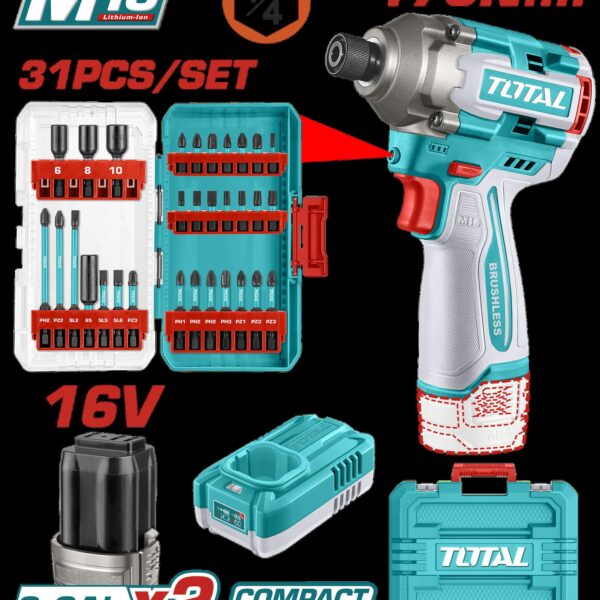 ATORNILLADOR DE IMPACTO INALAMBRICO 1/4 170NM 16V + 31 ACCESORIOS  INCLUYE 2 BATERIAS (2.0AH)  Y CARGADOR INDUSTRIAL SUPER TOTAL (UTOSLI241083)