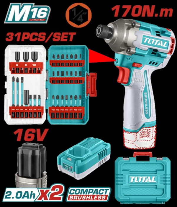 ATORNILLADOR DE IMPACTO INALAMBRICO 1/4 170NM 16V + 31 ACCESORIOS  INCLUYE 2 BATERIAS (2.0AH)  Y CARGADOR INDUSTRIAL SUPER TOTAL (UTOSLI241083)