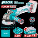 PULIDORA INALAMBRICA 4 1/2 INDUSTRIAL 20V 1000W INCLUYE 10 DISCOS PARA CORTE DE METAL 2  BATERIAS 4.0 AH Y CARGADOR , MOTOR SIN ESCOBILLAS  INDUSTRIAL SUPER TOTAL (UTAGLI271532)