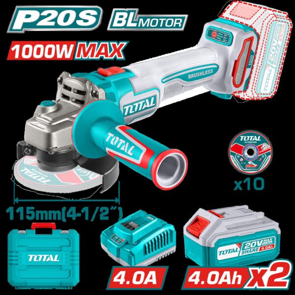 PULIDORA INALAMBRICA 4 1/2 INDUSTRIAL 20V 1000W INCLUYE 10 DISCOS PARA CORTE DE METAL 2  BATERIAS 4.0 AH Y CARGADOR , MOTOR SIN ESCOBILLAS  INDUSTRIAL SUPER TOTAL (UTAGLI271532)