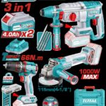 COMBO INALAMBRICO 20V  X 3 PZS TALADRO ATORNILLADOR INALAMBRICO PERCUTOR 1/2 66 NM +  PULIDORA INALAMBRICA 4 1/2 + TALADRO ROTOMARTILLO SDS PLUS  2.5 JULES  INLCUYE 2 BATERIAS 4.0AH , 1 CARGADOR , 10 DISCOS DE CORTE Y 47 ACCESORIOS INDUSTRIAL SUPER TOTAL (UTOSLI241198)