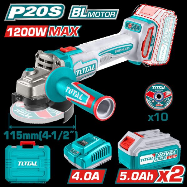 PULIDORA INALAMBRICA 4 1/2 INDUSTRIAL 20V 1200W INCLUYE 10 DISCOS PARA CORTE DE METAL 2  BATERIAS 5.0 AH Y CARGADOR , MOTOR SIN ESCOBILLAS  INDUSTRIAL SUPER TOTAL (UTAGLI2211532)