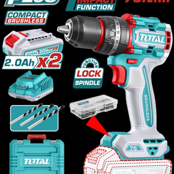 TALADRO INALAMBRICO  PERCUTOR 1/2 20V 76 N.M INCLUYE 2 BATERIA DE 2.0AH, CARGADOR,47 ACCESORIOS,3 BROCAS CONCRETO INDUSTRIAL SUPER TOTAL (UTIDLI20768)