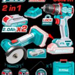 COMBO INALAMBRICO 20V X 2 PZS TALADRO 1/2  66 NM + MINI PULIDORA 3" INCLUYE 2 BATERIAS  2.0 AH + CARGADOR  + 7 DISCOS Y 47 ACCESORIOS INDUSTRIAL SUPER TOTAL (UTCKLI20766)