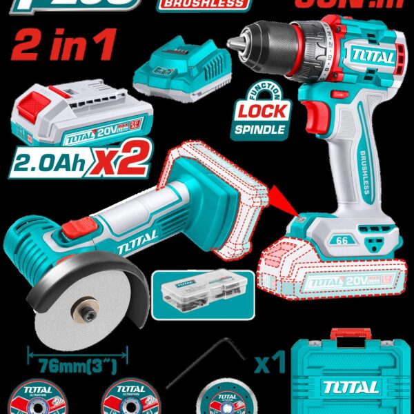 COMBO INALAMBRICO 20V X 2 PZS TALADRO 1/2  66 N.M + MINI PULIDORA 3" INCLUYE 2 BATERIAS  2.0 AH + CARGADOR  + 7 DISCOS Y 47 ACCESORIOS INDUSTRIAL SUPER TOTAL (UTCKLI20766)
