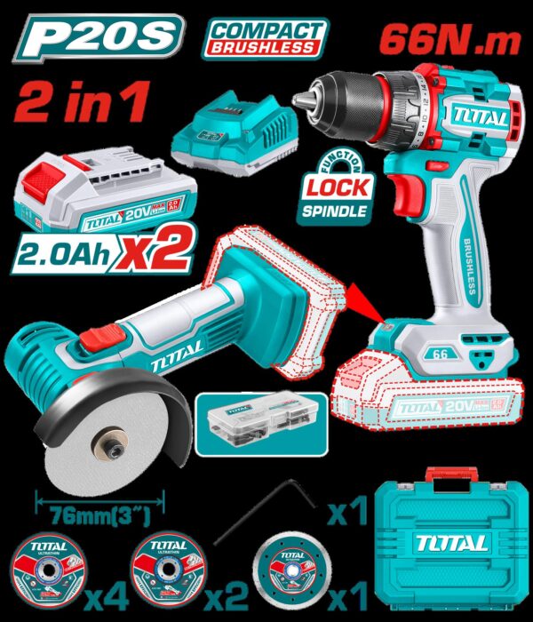 COMBO INALAMBRICO 20V X 2 PZS TALADRO 1/2  66 N.M + MINI PULIDORA 3" INCLUYE 2 BATERIAS  2.0 AH + CARGADOR  + 7 DISCOS Y 47 ACCESORIOS INDUSTRIAL SUPER TOTAL (UTCKLI20766)