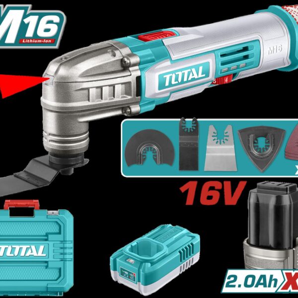 MULTIHERRAMIENTA INALAMBRICA OSCILANTE 16V + 2 BATERIAS 2.0 AH + CARGADOR  Y ACCESORIOS INDUSTRIAL SUPER TOTAL (UTMLI16222)