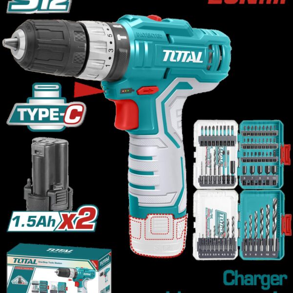 TALADRO INALAMBRICO 3/8 12V 20 N.M INCLUYE 2 BATERIA DE 2.0 AH + PUNTA TALADRO Y BROCA INDUSTRIAL SUPER TOTAL (UTOSLI241197)
