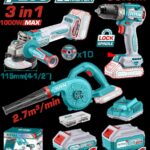COMBO INALAMBRICO 20V PULIDORA INALAMBRICA 4 1/2 1000W + TALADRO INALAMBRICO 1/2  60N.M + SOPLADORA  INCLUYE 10 DISCOS DE CORTE, 1 BATERIA 2.0AH, 1 BATERIA 4.0AH Y CARGADOR INDUSTRIAL SUPER TOTAL (UTOSLI241192)