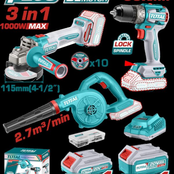 COMBO INALAMBRICO 20V PULIDORA INALAMBRICA 4 1/2 1000W + TALADRO INALAMBRICO 1/2  60N.M + SOPLADORA  INCLUYE 10 DISCOS DE CORTE, 1 BATERIA 2.0AH, 1 BATERIA 4.0AH Y CARGADOR INDUSTRIAL SUPER TOTAL (UTOSLI241192)