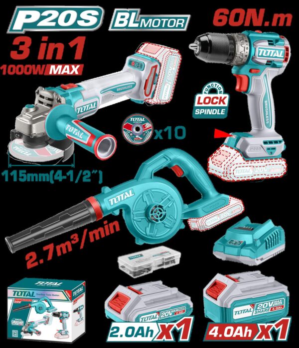 COMBO INALAMBRICO 20V PULIDORA INALAMBRICA 4 1/2 1000W + TALADRO INALAMBRICO 1/2  60N.M + SOPLADORA  INCLUYE 10 DISCOS DE CORTE, 1 BATERIA 2.0AH, 1 BATERIA 4.0AH Y CARGADOR INDUSTRIAL SUPER TOTAL (UTOSLI241192)