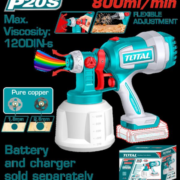 PISTOLA PINTAR INALAMBRICA 800ML 20V INCLUYE AGUJA DE LIMPIEZA Y DOS BOQUILLAS, BATERIA Y CARGADOR NO INCLUIDO TOTAL (TSGLI2004)