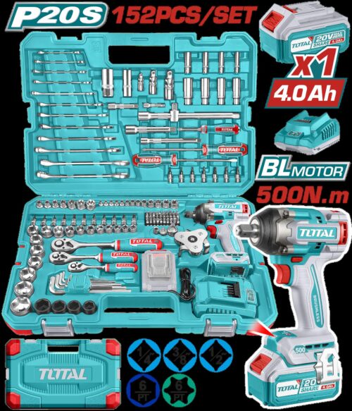 PISTOLA IMPACTO INALAMBRICA 1/2 20V 500 NM INCLUYE 1 BATERIAS 1 CARGADOR + 152 ACCESORIOS INSDUSTRIAL SUPER TOTAL (UTHKTHP31522)