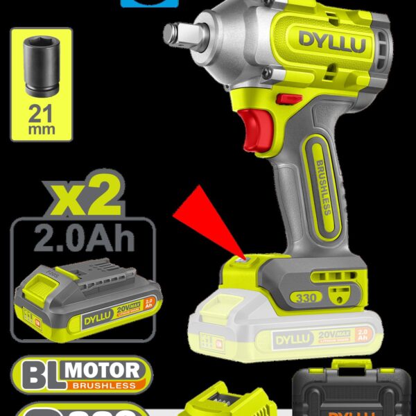 PISTOLA IMPACTO INALAMBRICA 1/2 20V 330NM INCLUYE 2 BATERIAS 2.0AH 1 CARGADOR  DYLLU (UDTCD1B33)