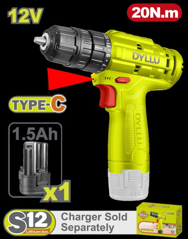 TALADRO INALAMBRICO 3/8 12V 20NM  INCLUYE 1 BATERIA 1.5AH  CARGADOR NO INCLUIDO DYLLU (DTCDS510)