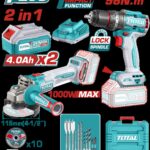 COMBO INALAMBRICO 20V TALADRO 1/2" 96NM + PULIDORA 4 1/2" 1000W INCLUYE 2 BATERIA 20V(4.0AH),CARGADOR , 10 DISCOS DE CORTE Y ACCESORIOS INDUSTRIAL TOTAL (UTOSLI241298)
