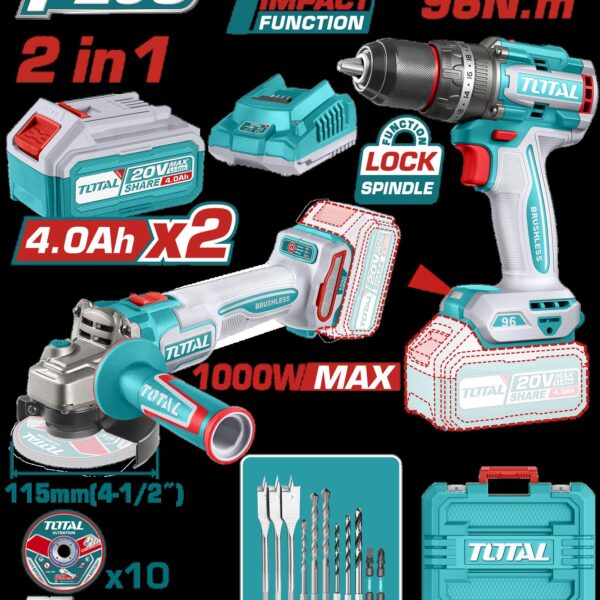 COMBO INALAMBRICO 20V TALADRO 1/2"  96NM + PULIDORA 4 1/2"  1000W INCLUYE 2 BATERIA 20V(4.0AH),CARGADOR , 10 DISCOS DE CORTE Y ACCESORIOS INDUSTRIAL TOTAL (UTOSLI241298)