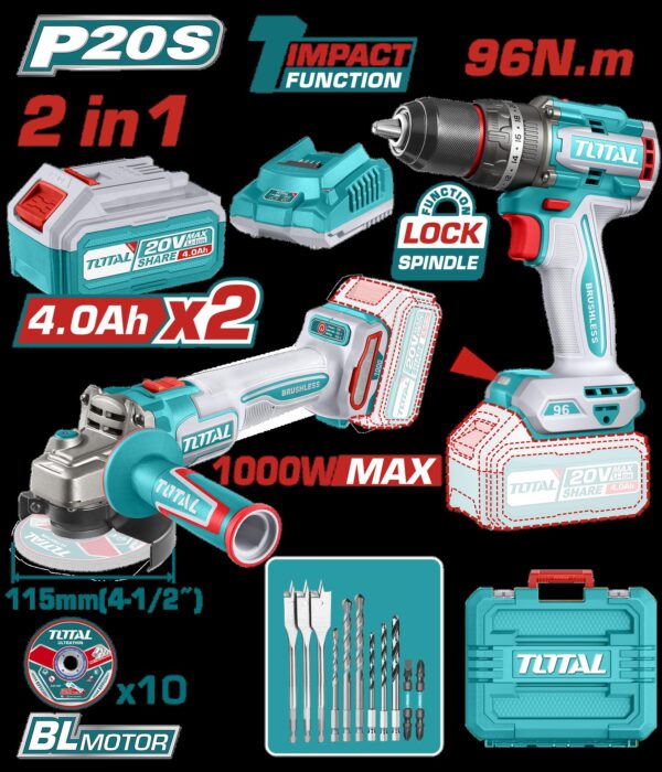 COMBO INALAMBRICO 20V TALADRO 1/2"  96NM + PULIDORA 4 1/2"  1000W INCLUYE 2 BATERIA 20V(4.0AH),CARGADOR , 10 DISCOS DE CORTE Y ACCESORIOS INDUSTRIAL TOTAL (UTOSLI241298)