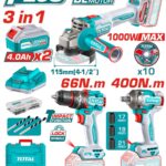 COMBO INALAMBRICO 20V TALADRO 1/2" 66 NM + PULIDORA 4 1/2" 1000W + PISTOLA IMPACTO 1/2 400 NM INCLUYE 2 BATERIA 20V(4.0AH),CARGADOR , 10 DISCOS DE CORTE Y ACCESORIOS INDUSTRIAL TOTAL (UTOSLI241291)
