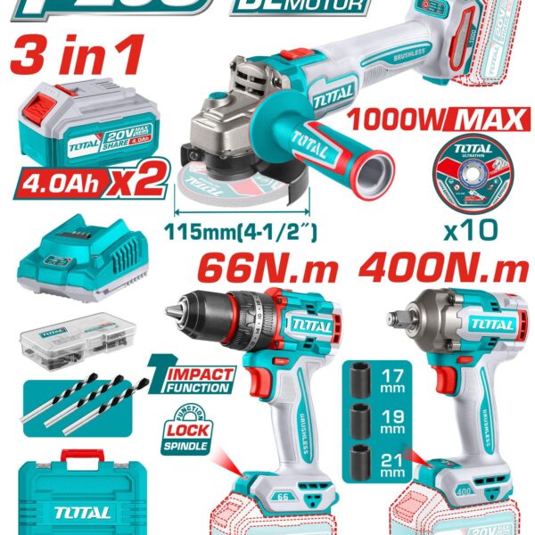 COMBO INALAMBRICO 20V TALADRO 1/2"  66 NM + PULIDORA 4 1/2" 1000W + PISTOLA IMPACTO  1/2 400 NM INCLUYE 2 BATERIA 20V(4.0AH),CARGADOR , 10 DISCOS DE CORTE Y ACCESORIOS INDUSTRIAL TOTAL (UTOSLI241291)