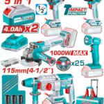 Combo Inalambrico 20V Taladro Percutor Atornillador 1/2 66 Nm + Pistola Impacto 1/2 20V 400 Nm + Taladro Rotomartillo 1" 2.5JULES + Pulidora 4 1/2 + Lampara de Trabajo 270LM Incluye 2 Baterias 4.0 AH , Cargador y Accesorios Industrial Super Total (UTCKLI20592)