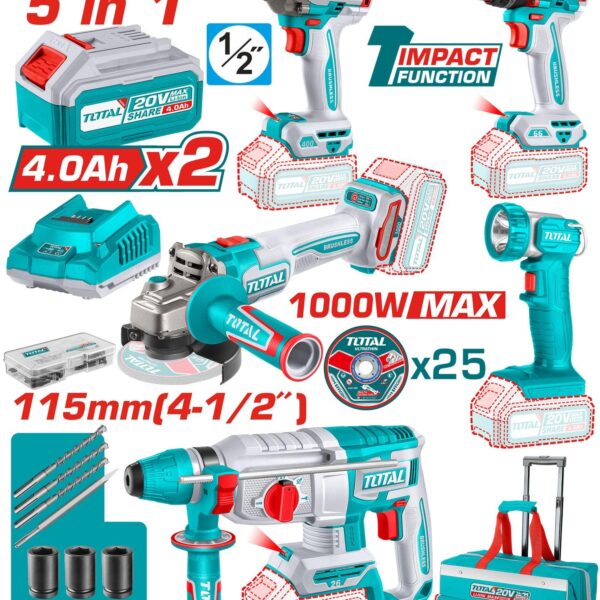 COMBO INALAMBRICO 20V TALADRO PERCUTOR ATORNILLADOR 1/2 66 NM + PISTOLA IMPACTO 1/2 20V 400 NM + TALADRO ROTOMARTILLO 1" 2.5JULES + PULIDORA 4 1/2 + LAMPARA DE TRABAJO 270LM INCLUYE 2 BATERIAS 4.0 AH , CARGADOR Y ACCESORIOS INDUSTRIAL SUPER TOTAL (UTCKLI20592)