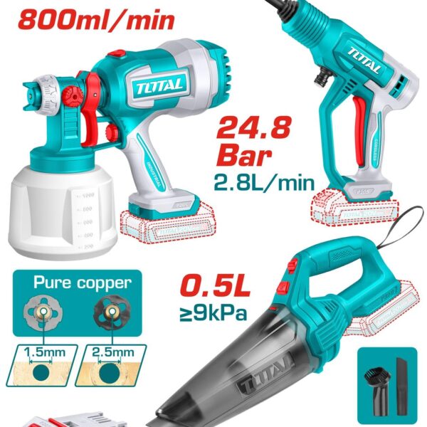 COMBO INALAMBRICO 20V PISTOLA PINTAR INALAMBRICA 800ML + HIDROLAVADORA  PORTATIL + ASPIRADORA DE MANO  INCLUYE 2 BATERIAS 2.0 AH, 1 CARGADOR Y ACCESORIOS TOTAL (UTOSLI230522)