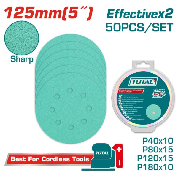 JUEGO DE HOJAS DE LIJA X 50 PIEZAS 5" PARA LIJADORA ORBITAL TOTAL (TAC7312511)
