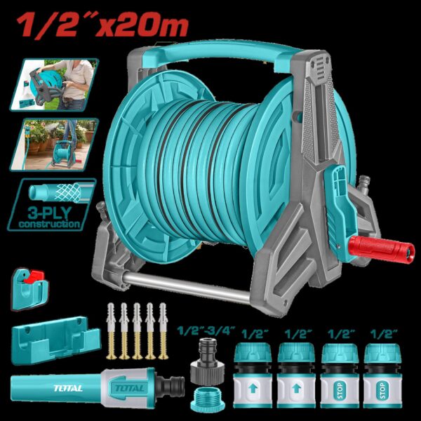 MANGUERA DE JARDIN 20 MTS CON CARRETE INCLUYE ACCESORIOS TOTAL (THHR20124)