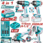 COMBO INALAMBRICO 20V TALADRO 1/2 96 NM + PISTOLA IMPACTO 1/2 500 NM + PULIDORA  4 1/2 1000W + LAMPARA DE TRABAJO  2000 LUMENES INCLUYE 2 BATERIAS 4.0AH , CARGADOR Y ACCESORRIOS INDUSTRIAL TOTAL (UTOSLI241292)