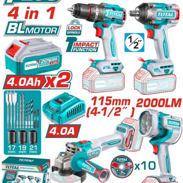 COMBO INALAMBRICO 20V TALADRO 1/2 96 NM + PISTOLA IMPACTO 1/2 500 NM + PULIDORA  4 1/2 1000W + LAMPARA DE TRABAJO  2000 LUMENES INCLUYE 2 BATERIAS 4.0AH , CARGADOR Y ACCESORRIOS INDUSTRIAL TOTAL (UTOSLI241292)