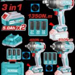 COMBO INALAMBRICO 20V PISTOLA IMPACTO 3/4 1350 NM + PISTOLA IMPACTO 1/2 850 NM + PISTOLA IMPACTO 1/2 400 NM INCLUYE 2 BATERIAS 5.0AH + CARGADOR + ACCESORIOS INDUSTRIAL TOTA (UTOSLI250386)