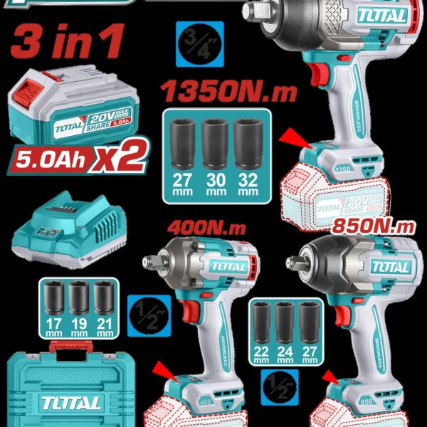 COMBO INALAMBRICO 20V PISTOLA IMPACTO 3/4 1350 NM  + PISTOLA IMPACTO 1/2 850 NM  + PISTOLA IMPACTO 1/2 400 NM INCLUYE 2 BATERIAS 5.0AH + CARGADOR + ACCESORIOS INDUSTRIAL TOTA (UTOSLI250386)