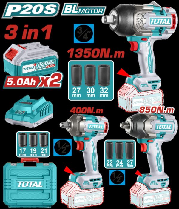 COMBO INALAMBRICO 20V PISTOLA IMPACTO 3/4 1350 NM  + PISTOLA IMPACTO 1/2 850 NM  + PISTOLA IMPACTO 1/2 400 NM INCLUYE 2 BATERIAS 5.0AH + CARGADOR + ACCESORIOS INDUSTRIAL TOTA (UTOSLI250386)