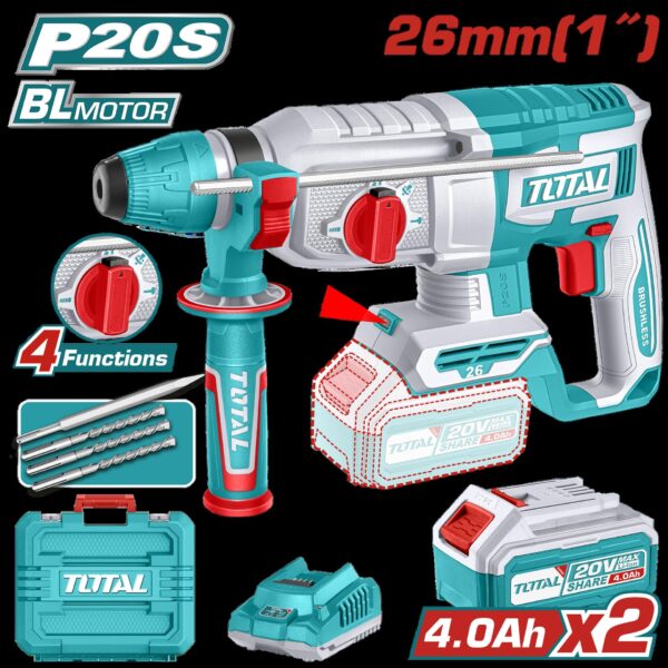 TALADRO ROTOMARTILLO 1" 20V SDS PLUS 2.5 JULES  INCLUYE 3 BROCAS , 1 CINCEL CARGADOR  Y BATERIA  INDUSTRIAL TOTAL (UTRHLI202682)