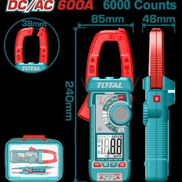 PINZA VOLTIAMPERIMETRICA DIGITAL 600A  6000 CONTEOS RMS INDUSTRIAL TOTAL (TMT766002)